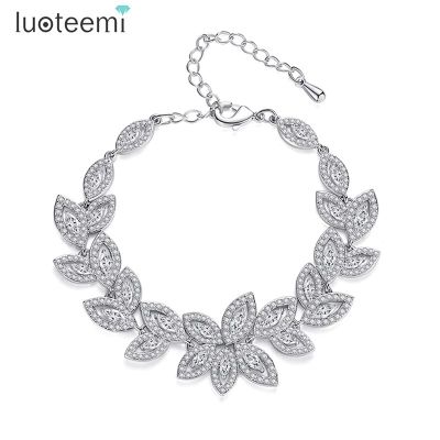 LUOTEEMI Flower Cubic Zirconia Flower Bracelet Crystal Leaves Shape Trending Fashion Charm Wedding Bridal Bracelets For Women