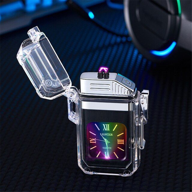 zzooi-new-electronic-pulses-lighter-colorful-dial-watch-waterproof-usb-rechargeable-dual-arc-plasma-lighter-outdoor-smoking-igniter