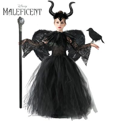 Kid Maleficent Black Gown Halloween Costume Gothic Dark Witch Queen Girls Tutu Dress with Feather Cape Evil Queen Fairy Costume