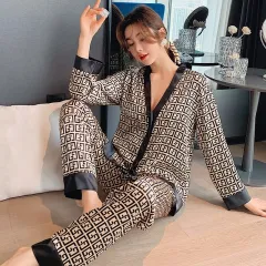 New Women's Pajamas Fashion Luxury Letter Jacquard Lattice Sleepwear Silk  Like Nightwear V-neck Homewear Pyjamas Femme