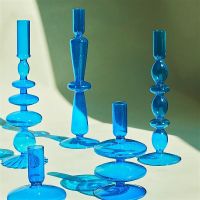 {6shop Department Store} เชิงเทียนสีฟ้าผู้ถือย้อนยุคแก้วคลาสสิกหัตถกรรมเชิงเทียนผู้ถือสำหรับตกแต่งงานแต่งงานเชิงเทียนแก้ว