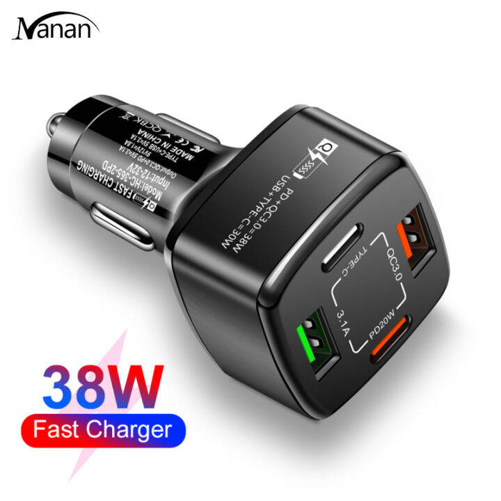 เครื่องชาร์จ-usb-4-in-1-38w-qc3-0-pd-3-1a-2usb-ประเภท-c-แท่นชาร์จเร็วอะแดปเตอร์ที่ชาร์จแบตในรถสองสาย