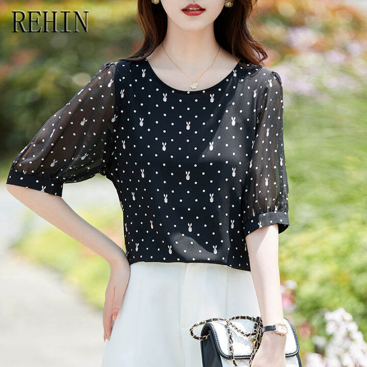 เสื้อแขนสั้นลายจุดสัตว์-rehin-ใหม่ฤดูร้อนเสื้อสตรีชีฟองแขนพองหลวม