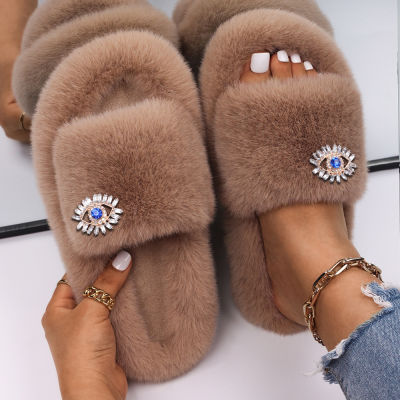 Plush Slippers Faux Fur Slippers Luxury Rhinestone Furry Black Fur Slides Sandals Flip Flops Winter Designer Shoes for Women2021