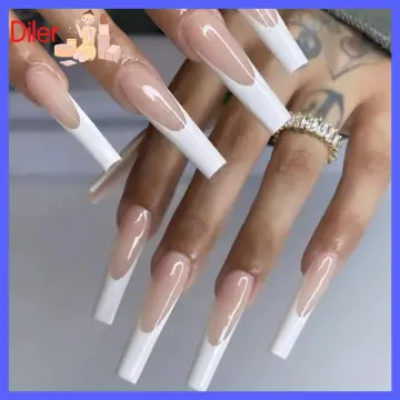 Wearable Manicure French Fake Nails Long Length Press on Nails