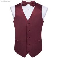 ▲⊙☞ Burgundy Red Solid Silk Men Suit Vest Pre-tied Bow Tie Set Wedding Party Formal Tuxedo Male Blazer Waistcoat Business Party Vest