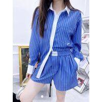 COD ZOUZ Alexander Wang 2023 spring and summer new white edge contrast color sky blue striped shirt elastic waist shorts Fashion suit womens casual