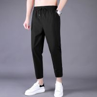 【CC】❈  Mens Thin Pants Korean Trend Nine Straight Tube Loose Silk Elastic Sweatpants Boys And Student