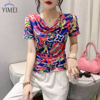 YIMEI เสื้อยืดผู้หญิงแขนสั้นสวยๆ2023ฤดูใบไม้ผลิ/ฤดูร้อนแฟชั่นใหม่พิมพ์ลายตาข่ายเสื้อสวิงคอพับจีบของผู้หญิงเสื้อท่อนล่างสุดอินเทรนด์ของเข้ารูปพอดี