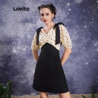 Lovito STAR GIRL ชุดเดรส แบบผูกเชือก รูปหัวใจน่ารัก สําหรับผู้หญิง L32AE002 (สีดํา) 5211033❈❉﹊