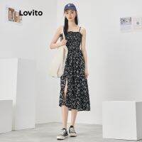 ✐☞ Lovito Cute Floral Smocked Lettuce Trim Dress for Women L52AD086 (Black)