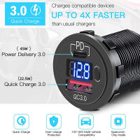 PD Type C QC 3.0 USB Car Charger พร้อมสวิตช์ซ็อกเก็ต Power Outlet Adapter โวลต์มิเตอร์กันน้ำสำหรับ12V 24V รถบรรทุกเรือ RV รถจักรยานยนต์