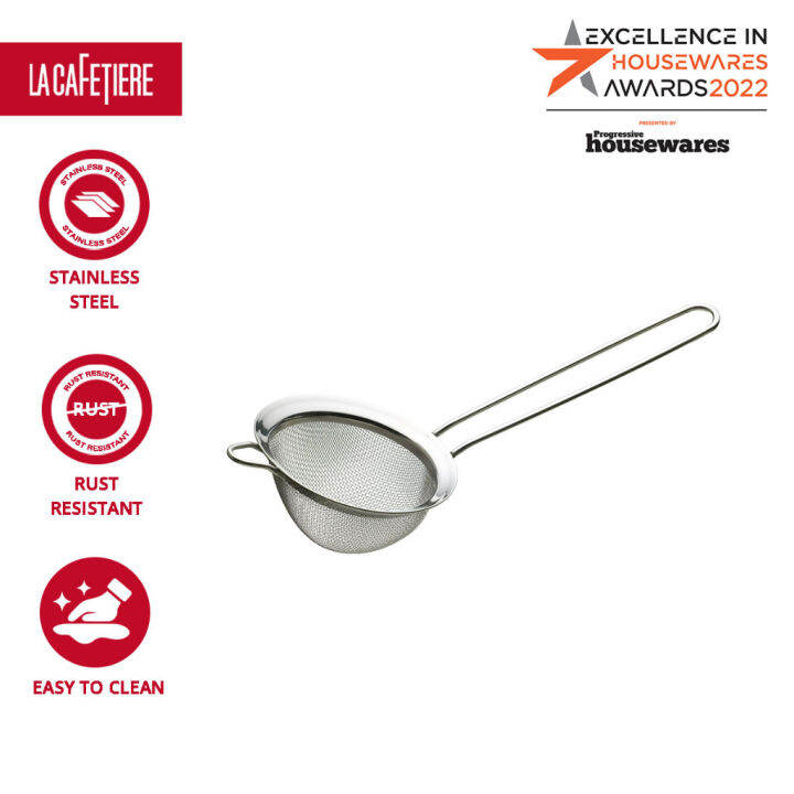 la-cafetiere-stainless-steel-tea-strainer-single-ear-with-long-handle-hi-tech-strainer-dishwasher-safe-silver-กระชอนสแตนเลส