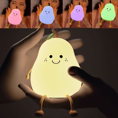 LED Pear Fruit Night Light USB Rechargeable 7 Colors Dimming Touch Silicone Table Lamp Cartoon Cute Bedroom Decor Bedside Lamp