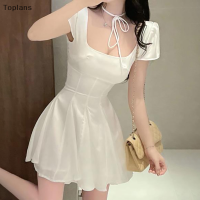 [Toplans]?[HOT SALE]?? เดรสสั้นสำหรับผู้หญิงเดรสสั้นคอเหลี่ยมทรงเอไลน์แขนกุดหรูหราสำหรับฤดูร้อน