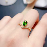 Natural diopside ring 925 silver crystal clear dark green luxurious style