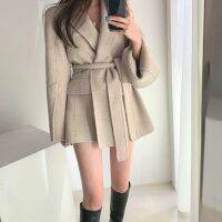 D5WomenS Korean Style Mid-Length Strappy Waist and Thin Woolen Coat