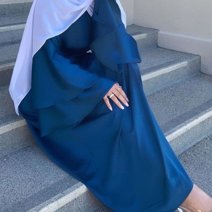 รอมฎอนอี๊ดผู้หญิง-maxi-d-ress-สองชั้น-f-lare-แขนยาว-a-baya-มุสลิม-k-aftan-เข็มขัดสีทึบซาตินเสื้อคลุมพรรคชุด