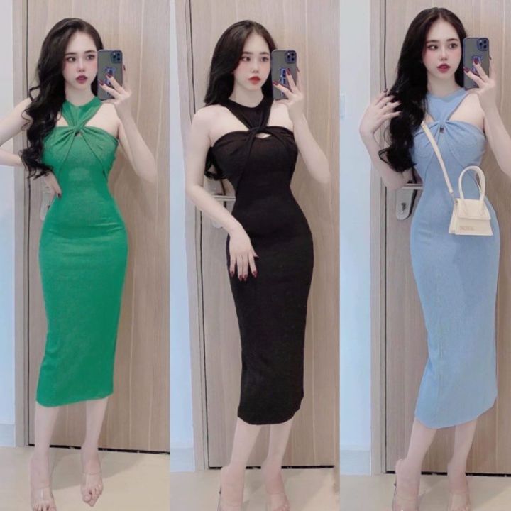 Đầm Thun Cổ Yếm Xoắn Nơ Ngực - Dáng Dài Maxi Form Ôm Body Sexy ...