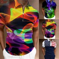 Men Shirt  Zip Collar Fashion Golf Long Short Sleeve 2 Tone Zip Printed Tee Top