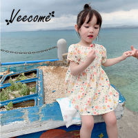 【 Veecome✨】ชุดเดรสดอกไม้เด็กผู้หญิงคอตตอนแขนพองน่ารักสำหรับเด็กชุดเจ้าหญิงทรงเอไลน์สำหรับฤดูร้อน