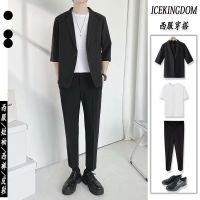 【hot seller】 Three-quarter sleeve suit mens jacket summer thin section casual light familiar Korean style trendy handsome half-sleeved short-sleeved