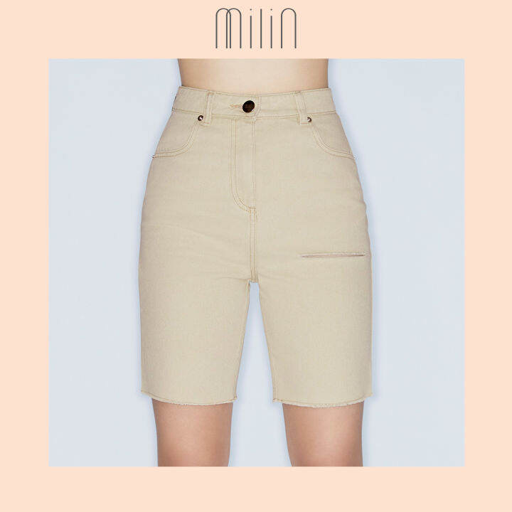 milin-high-rise-with-belt-hoops-denim-กางเกงยีนส์ขาสั้น-bermuda-slit-shorts-beige