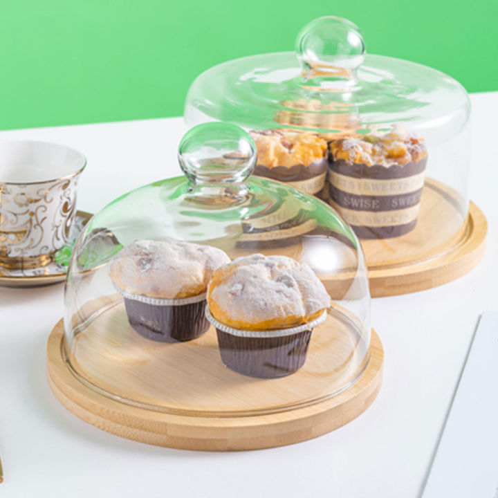 Chaoshihui Wooden Cake Tray Dome Food Cover Display Case Cutlery Trays  Stand Snack Containers Plate Glass Cloche Bell Jar Food Display Cover Dust  Cover