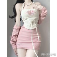 【LZ】ↂ❂☸  Conjunto de 3 peças Kawaii Lolita feminino cardigã de malha rosa top bonito minissaia doce terno de saias elegantes primavera