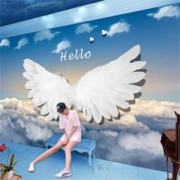 custom Angel wings TV background wallpaper Nordic fantasy feather clothing milk tea shop yoga wallpaper living room home decor