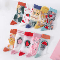 1Pair Japanese Korea Style Socks Womens Casual Creative Transparent Silk Trend Fruit Print Ultrathin Glass Silk Socks