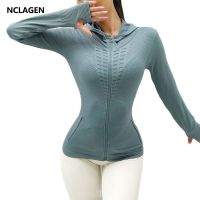 NCLAGEN Womens Sport Jacket Zipper Yoga Hooded Long Sleeve Coat Workout Top Fitness Clothes Gym Running Shirt Elastic Blouses