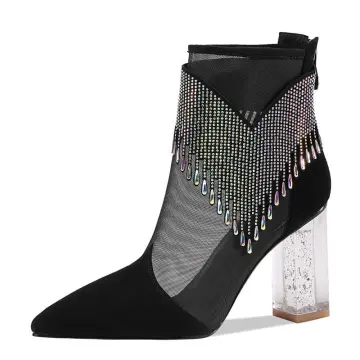 Crystal Rhinestone Mesh Stretch Fabric Sock High Heels Boots