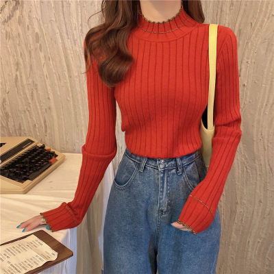 Korean Half High Neck Knitted Wood Ears Top Fashion Bottoming Shirt Long Sleeved Pullover Women Sweater
