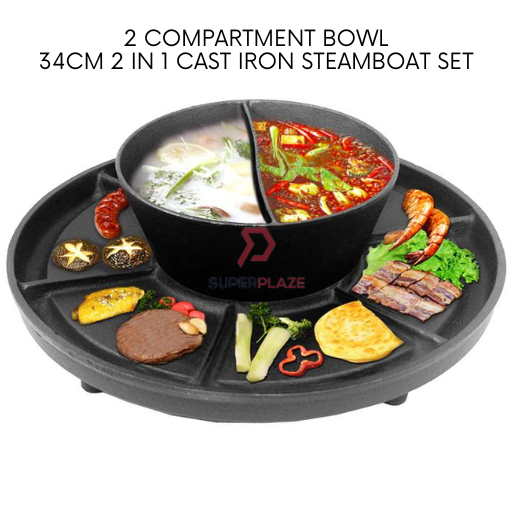2 Compartment Bowl 2in1 Cast Iron Korean BBQ Pan Grill Teppanyaki
