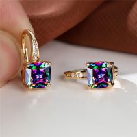 Mystic Rainbow Zircon Hoop Earrings Multicolor Crystal Square Stone Earrings Vintage Gold Color Wedding Earrings For Women Party