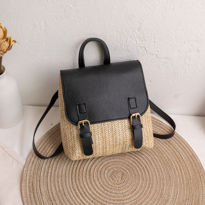 Vintage Straw Backpack Womens Fashion Shoulder Bag Versatile Straw PU Leather Elegant Luxury Designer Small Backpack