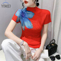 YIMEI เสื้อยืดแขนสั้นสีแดงสำหรับผู้หญิง,เสื้อโชว์เข้ารูปพอดีผ้าไอซ์ซิลค์บางยืดหยุ่นได้พับได้เนื้อผ้าบางสำหรับฤดูร้อนเสื้อพิมพ์ลายอารมณ์เสื้อเชิ้ตตัวเล็ก