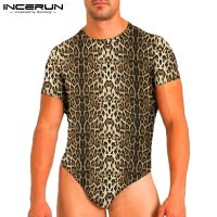 CODhuanglan212 INCERUN Mens Leopard Print Short Short Sleeve Round Neck Stretch Jumpsuit