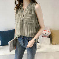 Women Blouse Fashion Sleeveless Striped Shirt V-neck Loose top