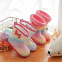 【hot sale】 ❁✣✶ B53 ♛Childrens Rain Boots Little Princess Kindergarten Rainbow Middle Children Water Shoes Brushed Warm Baby Girls