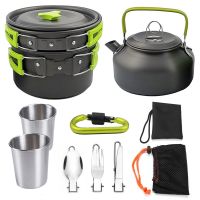 Camping Tableware Set Outdoor Cookware with Water Kettle Frying Pan Camping Pot Cutlery Kitchen Equipment for BBQ Hiking Picnic