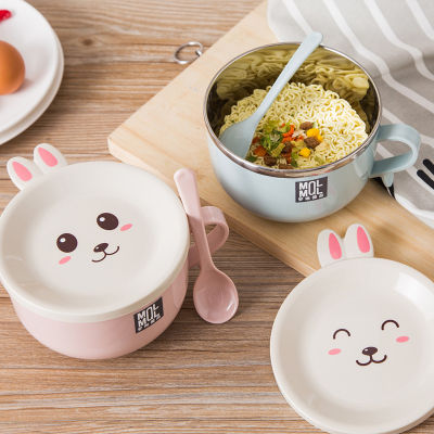 Stainless Steel Double-layer Ramen Noodles Bowl Anti-scalding Instant Noodle Bowl Cute Bunny with Lid And Spoon Tableware