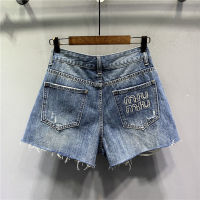 Letter Embroidered Blue A-line Denim Shorts A-line Hot Pants