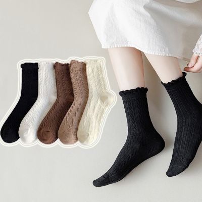 FHYL ลูกไม้น่ารัก Jk ถุงเท้าสีทึบสีขาวโลลิต้าถุงเท้าสีขาวญี่ปุ่นถุงเท้าทรงท่อกลางสำหรับผู้หญิง (1คู่)