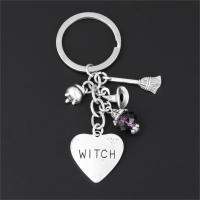 1Pc Halloween Sorcerer Witch Keychain Broom Purple Bead Pendant Keyholder Fit Car Handbag Jewelry Supplies E2700 Key Chains