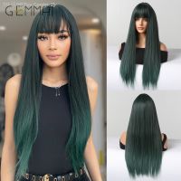 Synthetic Dark Green Ombre Wigs for Women Long Straight Green Cosplay Daily Wigs with Bangs Heat Resistant Fibre Fake Hair [ Hot sell ] Toy Center 2