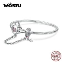 WOSTU 100% 925เงินสเตอร์ลิงหัวใจสำคัญกำไลข้อมือพลอยเทียมสีชมพูเพื่อความปลอดภัยกำไลข้อมือเสน่ห์สำหรับผู้หญิง CQB143เครื่องประดับ925เงิน