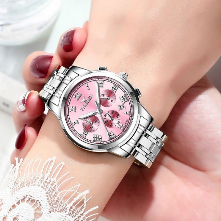 a-decent035-นาฬิกาผู้หญิงสแตนเลสแฟชั่น-roundquartzfolding-strap-ladiesdate-wrist-watches