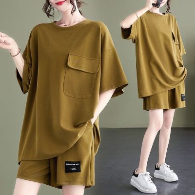 [Spot] short sleeve suit womens large size casual plump girls European style pocket slimming shorts two-piece suit womens 2023